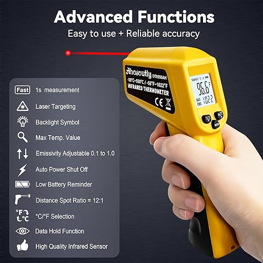 Infrared Thermometer Temperature Gun - 58 ℉~1022 ℉ (- 50 ℃~550 ℃) Non-Contact Digital Laser Infrared Ir Thermometer for Cooking, Barbecue, Food, Repair, Pet Care and Home Use(Yellow)