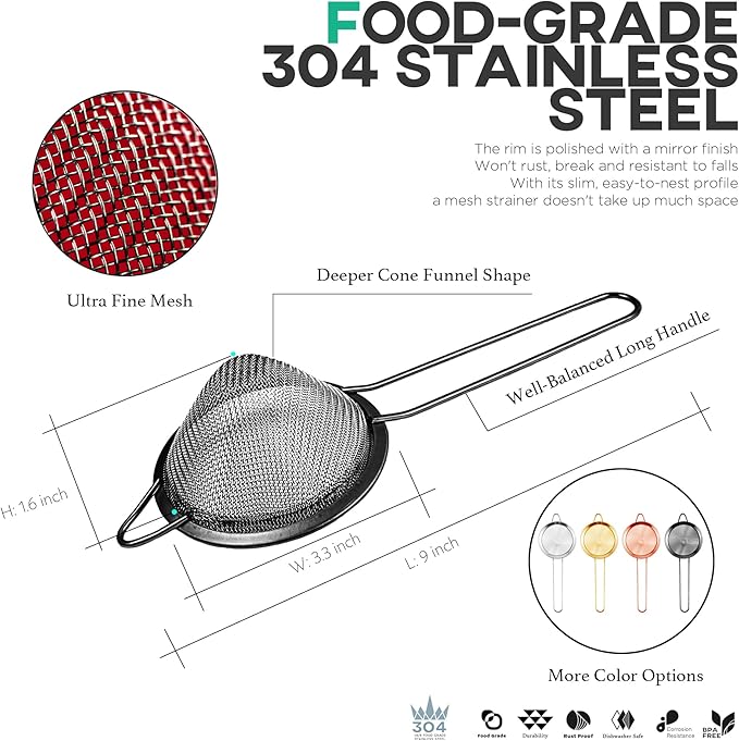 Homestia 304 Stainless Steel Fine Mesh Strainer for Kitchen, Cocktail Sieve Sifters for Food, Liquid Strainer Cup for Food, Drinks, Tea, Coffee, Juice, Noodles, Flour, Vegetable (Black)
