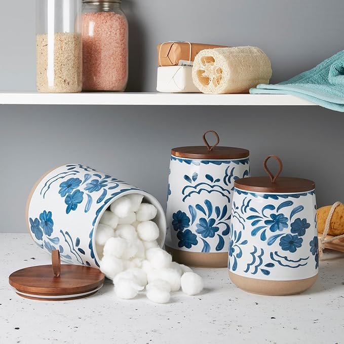 TTU Tabletops Gallery Ceramic Canister Collection- Stoneware Designed Kitchen Storage Acacia Wood White Set, 3 Piece Botanical Blue Canister Set