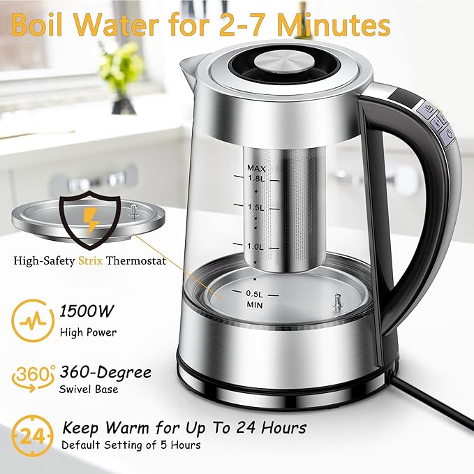 Electric Kettle with Temperature Control for Tea and Coffee, 1.8L 1500W, Keep Warm - Removable Infuser, Glass Tea Kettle Hot Water Boiler, BPA Free, Auto Shut Off, Boil-Dry Protection, Stainless Steel