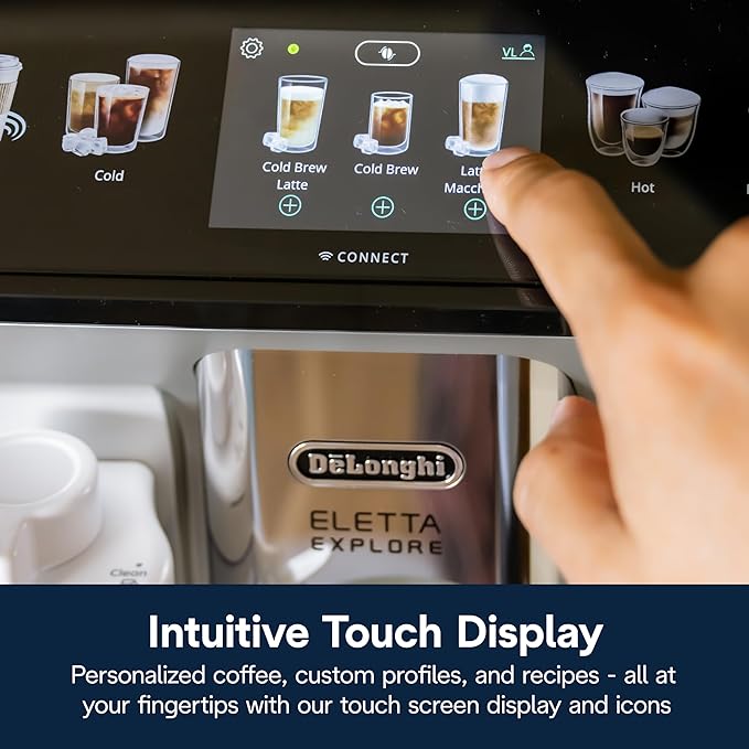 De'Longhi Eletta Explore Espresso Machine with Cold Brew, Hot & Cold Milk Frother - 50+ Recipes, Built in Grinder, User Profiles, Smartphone Compatible with Bean Adapt Technology for Ideal Extraction