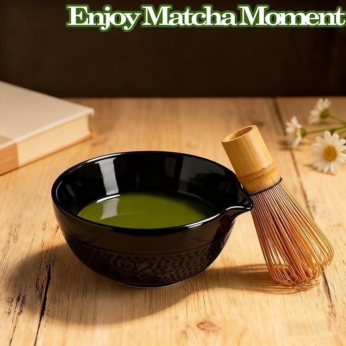 Matcha Bowl with Spout, Traditional Ceramic Matcha Tea Bowl Japanese Ceremonial Chawan for Whisking Mixing & Daily Use, 18oz/500ml Black