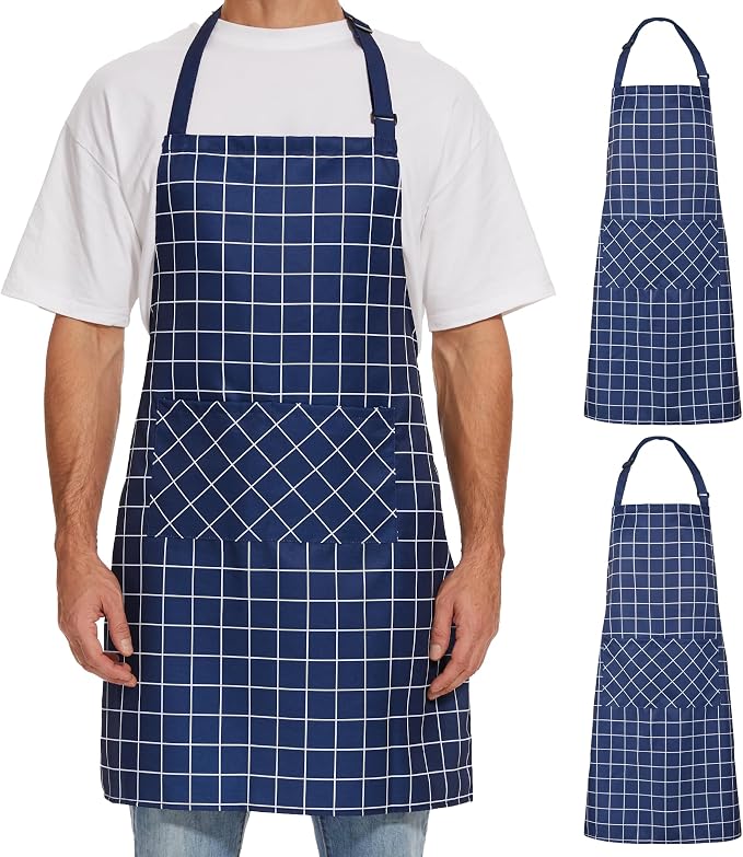 Will Well 2 Pack Bib Apron For Men & Women with 2 Pockets - Navy Checkered | Unisex 33'' x 27'' Oil & Water Resistant Soft Kitchen Chef Apron with Adjustable Neck Strap & 38'' Waist Ties for Snug Fit by WillWell