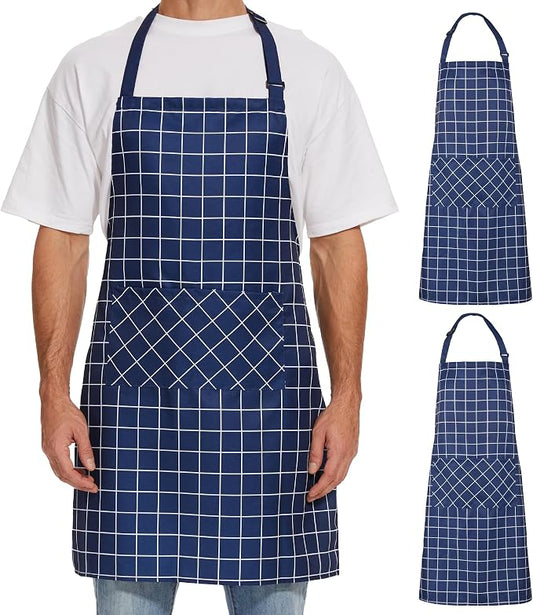 Will Well 2 Pack Bib Apron For Men & Women with 2 Pockets - Navy Checkered | Unisex 33'' x 27'' Oil & Water Resistant Soft Kitchen Chef Apron with Adjustable Neck Strap & 38'' Waist Ties for Snug Fit by WillWell