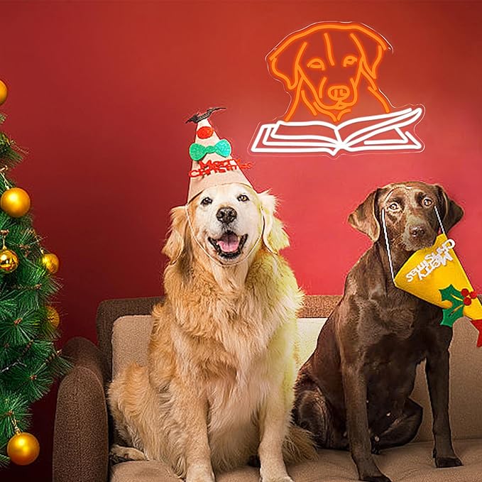 Golden Retriever Reading Book Neon Sign for Wall Decor Usb Powered Labrador Dog Light Up Sign Unique Dimmable Read Books Led Sign for Bookstore Study Room Cafe Pet Shop (16.14 * 12.6 in)