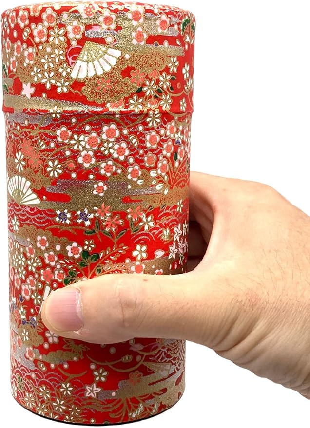 Japanese Tea Canister Tin Hyakkaryoran(Many Flowers Blooming in Profusion) /Double Lid/Japanese YUZEN Washi Paper Pasted /200g Tea Capacity/Loose Leaf Tea Storage/Storage Container with Lid
