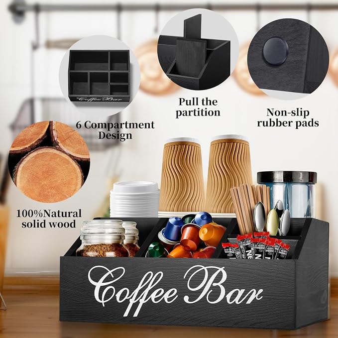 Coffee Station Organizer Pods Holder for Counter, Farmhouse Wood Coffee Bar Accessories and Tea Condiment Basket Storage Organizer Decor - Image 4