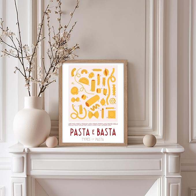 Poster Master Vintage Illustration Poster - Retro Food Print - Types of Pasta, Yellow, Spaghetti, Rotini, Penne - Gift for Artist, Chef - Wall Decor for Kitchen, Restaurant, 11x14 Beige Framed