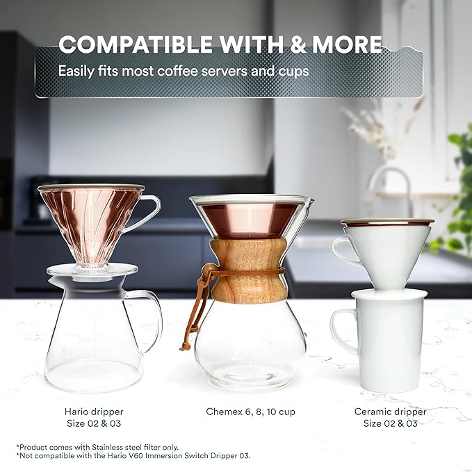 OVALWARE Paperless Stainless Steel Pour Over Coffee Filter – Reusable and Permanent Coffee Cone Dripper for Ovalware, Chemex, Hario and Other Carafes (Titanium Rose Gold)