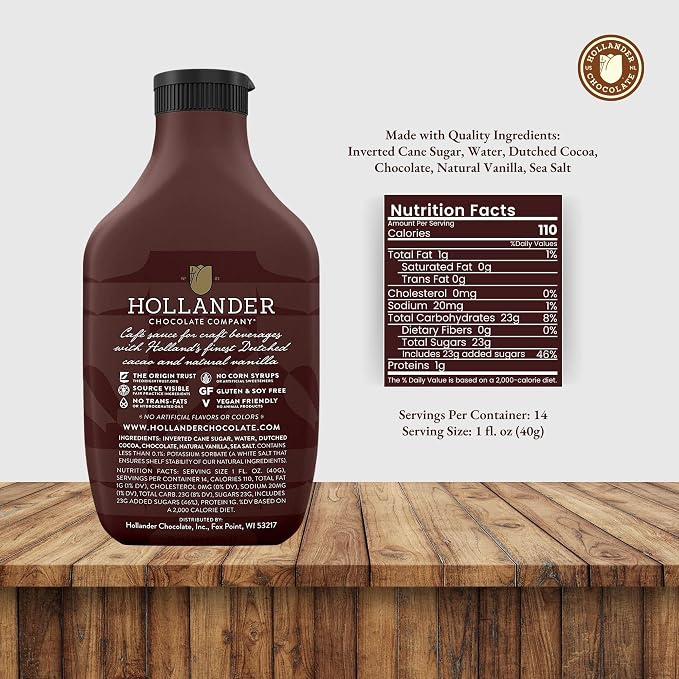 Hollander Dutched Chocolate Cafe Sauce | Vegan Friendly, GMO-Free, Gluten/Soy Free, Corn Syrup Free | 15 fl. oz. Squeeze Bottle - Image 2