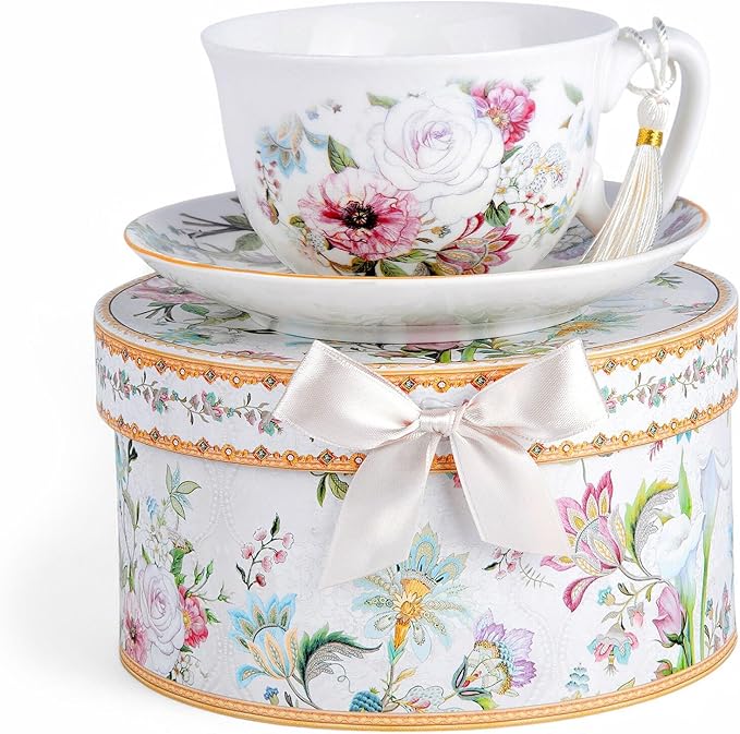 STP GOODS Bone China Tea/Coffee Cup and Saucer in Gift Box Fine Bone Tea Cup and Saucer Set of One,(Dream Garden)