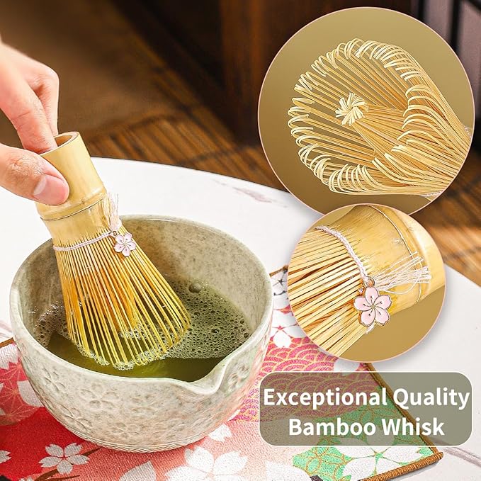 8-Piece Matcha Ceremony Set - Tea Kit with Cherry Blossom Bowl, Bamboo Whisk, Wood Scoops, Tea Cloth & Floral Display - Gift-Ready Pink Cherry color box (Matcha color)