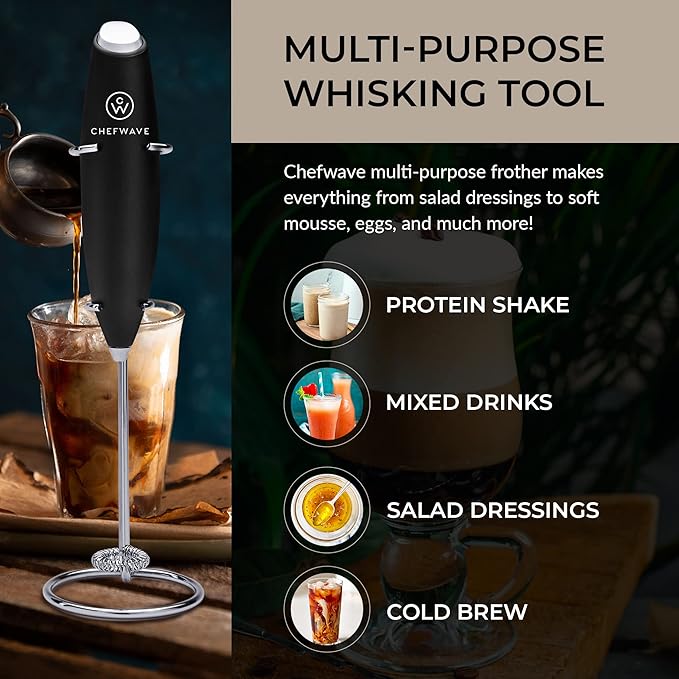Chefwave | Powerful electric milk frother with stand | Milk frother handheld drink mixer and matcha whisk| BATTERIES INCLUDED! drink mixer handheld | Hand frother, electric stirrer coffee mixer wand