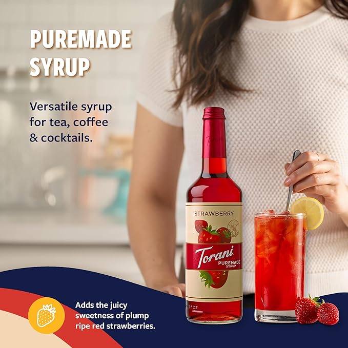 Torani Puremade Syrup, Strawberry Flavoring for Drinks, GMO Free, Glass Bottle with Pump Included, 25.4 Fl Oz