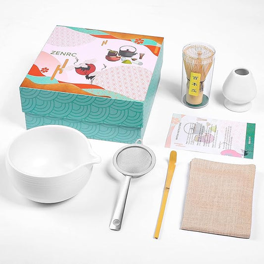 Ceremony Matcha Kit - Traditional Bamboo Matcha Chasen Chashaku Chawan Bowl with Pouring Spout Whisk Holder Sifter Tea Towel- The Perfect Matcha Set (Ivory White, Set of 6)