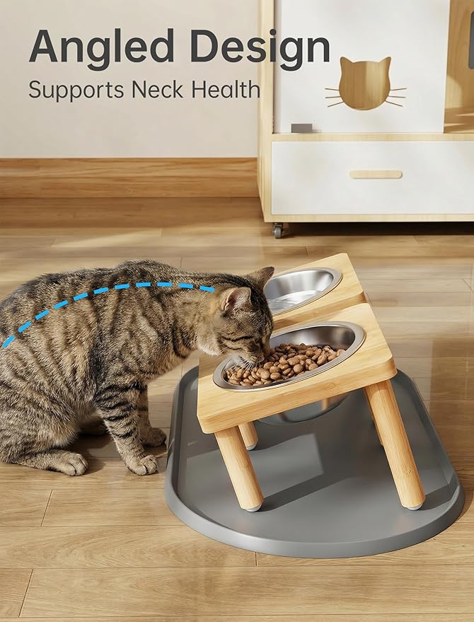 NiHome Elevated Cat Bowls with Food Mat for Indoor Cats, 5 Feeding Positions Raised Cat Bowl Bamboo Stand with 2 Stainless Steel Bowls, Whisker Friendly Dishwasher Safe Pet Food and Water Bowl