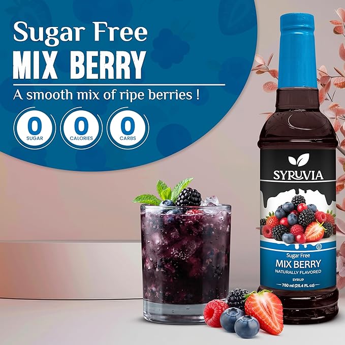Syruvia Sugar-Free Mix Berry Syrup, Natural Flavors, Syrup for Drinks, Lattes, and Desserts – 25.4 fl oz