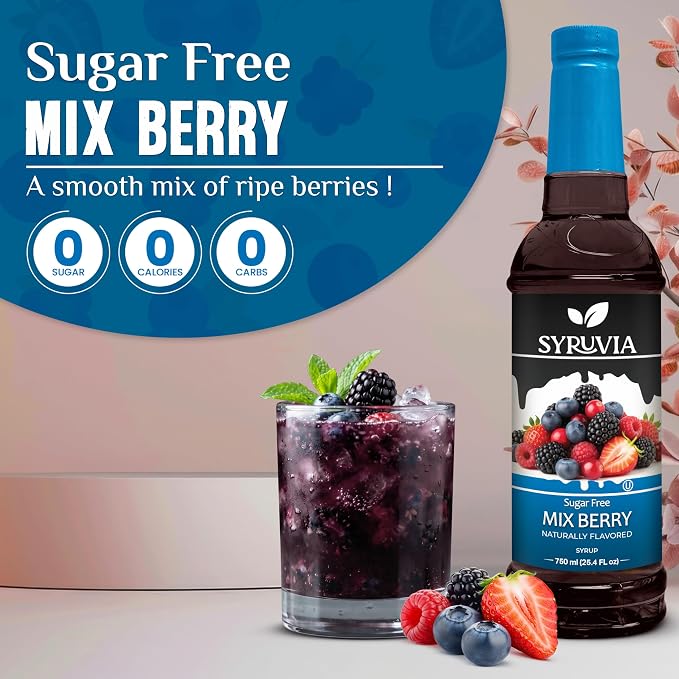 Syruvia Sugar Free Mix Berry Flavored Syrup for Drinks, Cocktails, Lemonades, Iced Teas and Desserts – 25.4 fl oz, With Pump - Image 3
