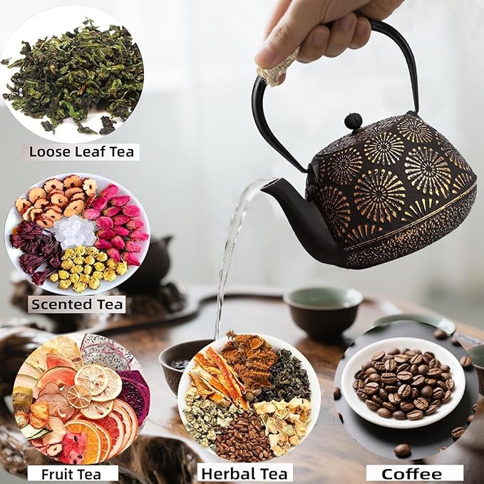 Japanese Tetsubin Cast Iron Teapot, 40oz (1200ml) Enamel-Coated Stovetop Kettle with Stainless Steel Infuser & Heat-Resistant Handle, Traditional Iron Pot for Tea Ceremony (Black Gold)