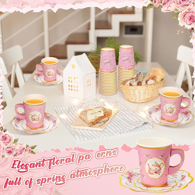 Domensi 60 Pieces Tea Party Decorations Include 30 Pcs 9 oz Paper Cups with Handle and 30 Pcs Tea Party Paper Plates Disposable Blossom Teacups and Saucers for wedding Favors(Teapot)