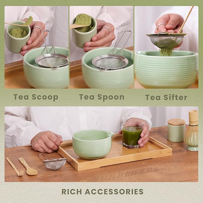 Matcha Set: Matcha Bowl with Spout, Whisk, Whisk Holder, Bamboo Spoon & Scoop - 6 Pcs, Green, Bamboo