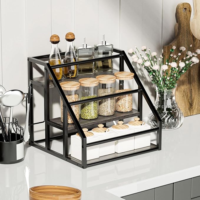 Coffee Syrup Rack Organizer, 3 Tier Countertop Storage Shelves, Kitchen Storage, 12 Syrup Bottle Stand Holder for Wine, Liquor, Kitchen Coffee Station Organizer Rack, 13.8"x13.4"x13.0", Grey