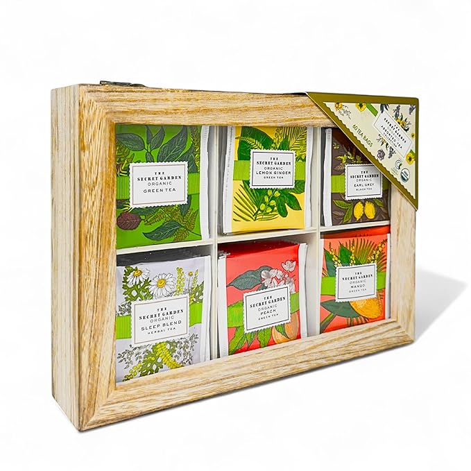Premium Organic Wooden Tea Sampler Gift Box With 6 Flavors Made With Real Ingredients, Non-GMO and Dye Free, Includes Green Tea, Peach, Mango, Earl Grey, Sleep Blend, Lemon Ginger (60 Bags)