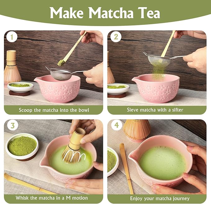 Matcha Whisk Tea Set Kit: Japanese Matcha Kit - Ceramic Bowl Bamboo Whisk Chasen Holder spoon Measuring Scoop Sifter - Traditional Practical for Tea Ceremony Breakfast Lattes - Home Kitchen Christmas