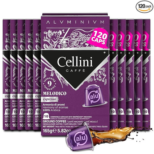 Cellini Caffè Melodico Aluminum Nespresso Pods, 120 Count, Dark Roast Coffee Capsules, 100% Nespresso Original Machine Compatible, Strong