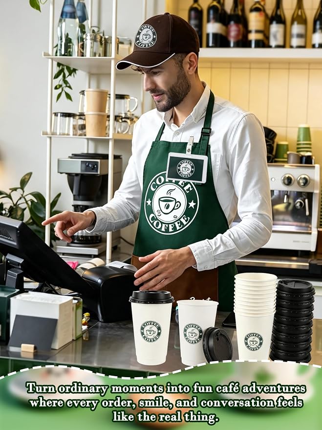 36 Pcs Halloween Barista Costume Set Coffee Maker Costume Outfit Include Green Aprons Cap Notebook Headset Name Tag Cards Cups and Pen for Adults Unisex Cosplay - Image 7
