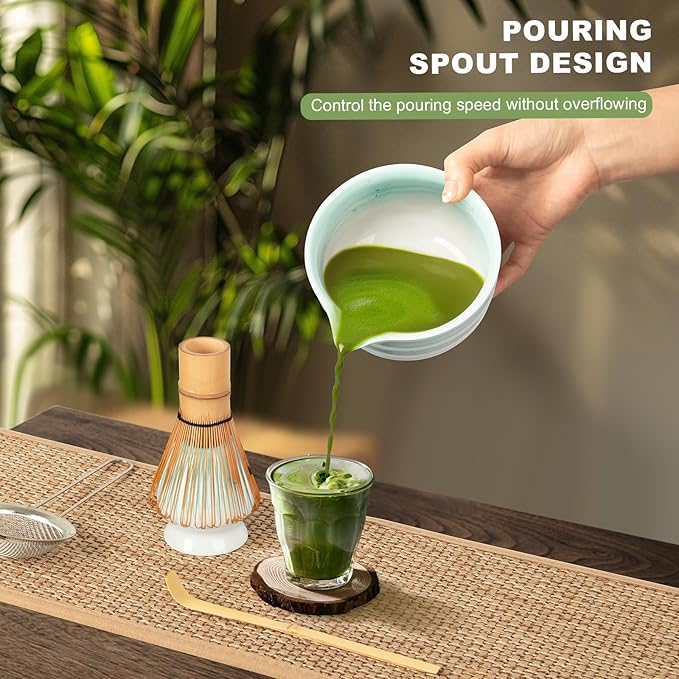 Dayacoco Matcha Whisk Set,Ceramic Matcha Kit Set Includes Bowl with Spout, Whisk,Holder,Bamboo Scoop and Sifter,5 pcs Matcha Tea Kit for Matcha Lovers, Ideal Gift Christmas, Birthday (Green gradient)