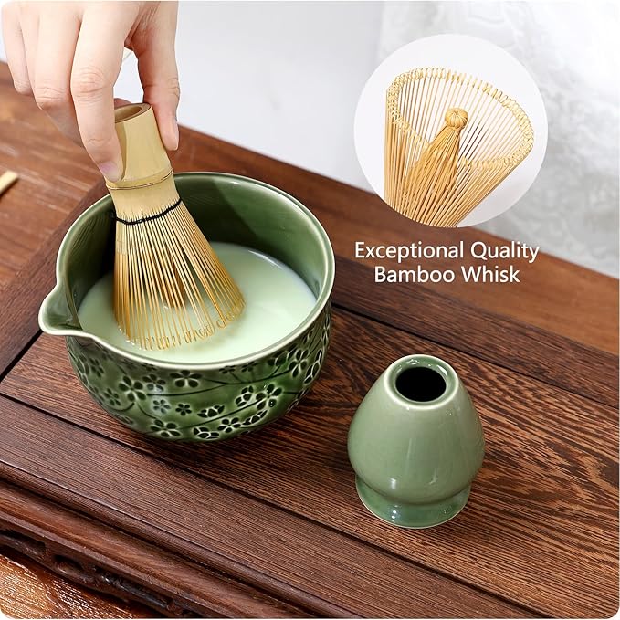 7 Pcs Matcha Whisk Set, Ceremony Matcha Kit with Matcha Bowl, Bamboo Whisk and Holder, Scoop and Scoop Rest, Sifter and Tea Towel, Gift for Matcha Lovers (Green/Cherry Blossom-Patterned)