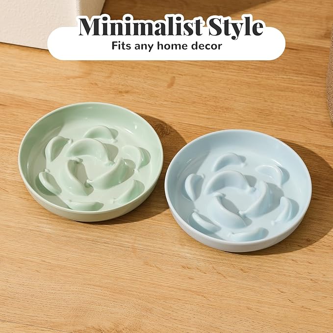 Melamine Cat Slow Feeder Bowl - Pastel Series Cat Plate for Dry and Wet Food - Cute Maze Feeder Dish for Healthy Eating - Dishwasher Safe - 6.3''W x 1.2''H - 7 OZ - Pale Blue