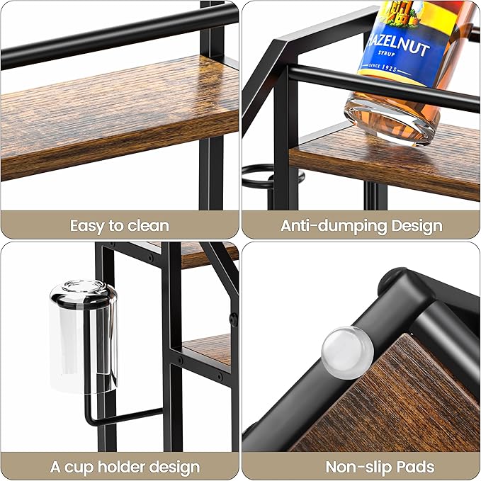 Coffee Syrup Rack Organizer, Spice Racks, Syrup Bottle Holder Stand for Coffee Bar, 4-Tier 16 Bottles Storage Shelves for Syrup, Wine, Dressing for Kitchen Countertop, Rustic Brown & Black