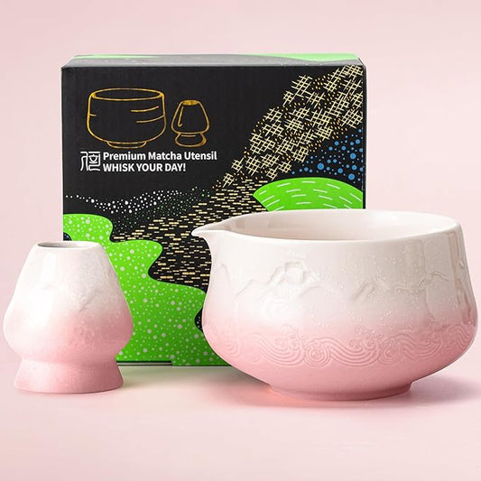 TEANAGOO Pink Matcha Bowl with Spout,18.9oz/560ml Matcha Bowl with Stand, 2-Pcs Whisk Holder(chawan) and Fuji Design Ceramic Bowl, Gift for Matcha Lovers