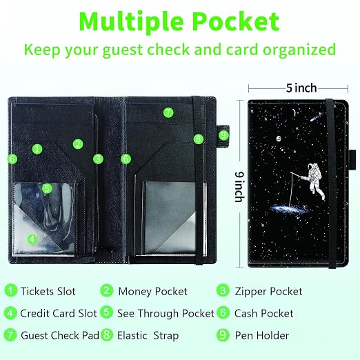 Server Books for Waitress, 5x9 Inch Waitstaff Server Order Pads, 11 Large Pockets, Cute PU Leather Waitress Book Server Wallet with Elastic Band Fit Server Apron,Spaceman - Image 3