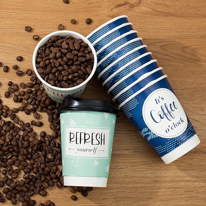 Disposable Coffee Cups with Lids 12 oz, 50 Pack Double-Walled Paper Coffee Cups with Fun Designs, Insulated Hot Beverage Paper Cups for Cold & Hot Drinks