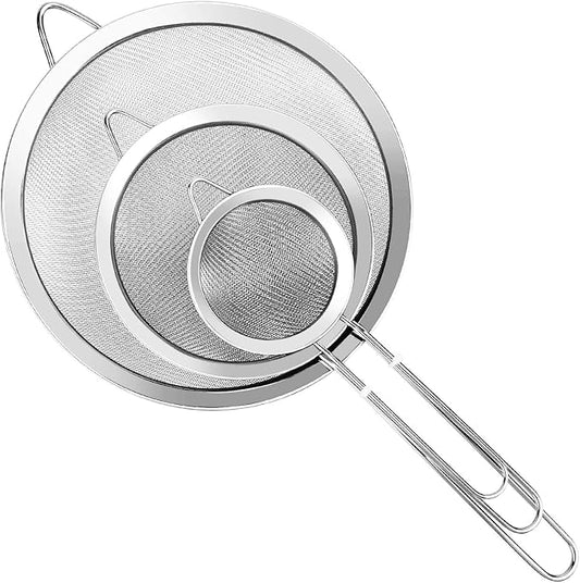3Pcs Super Wire Extra Fine Mesh Strainer with Handle, Small Medium Large Size Sifter Metal Strainer Set, Stainless Steel Sieve Fine Mesh Strainers for Kitchen Rice Juice Quinoa Food Flour Baking YLYL