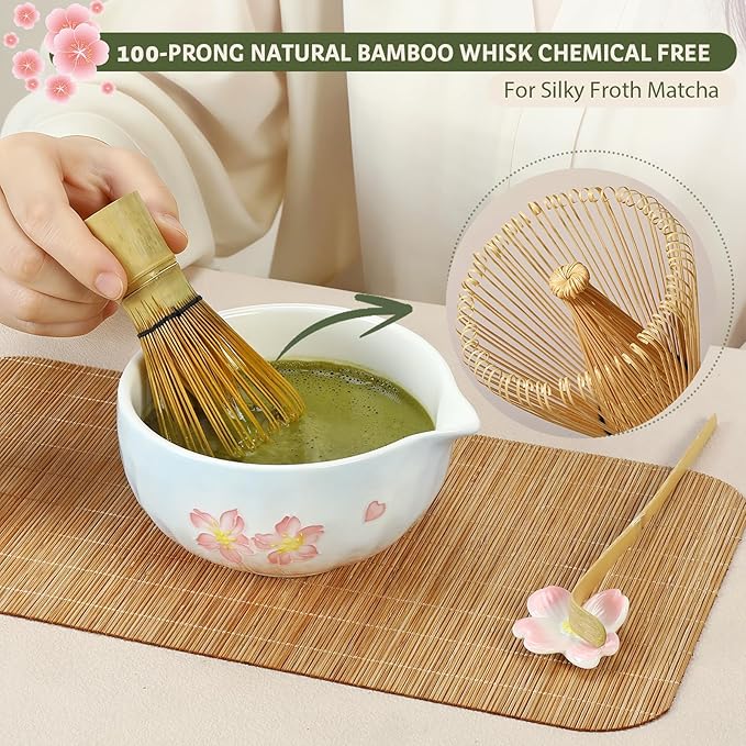 Matcha Whisk Set with Tray 8pcs, Matcha Kit includes Matcha Bowl, Matcha Whisk (Chasen), Whisk Holder, Scoop(Chashaku), Bamboo Placemat, Sifter, Tea Cloth Chakin，Blue & Pink