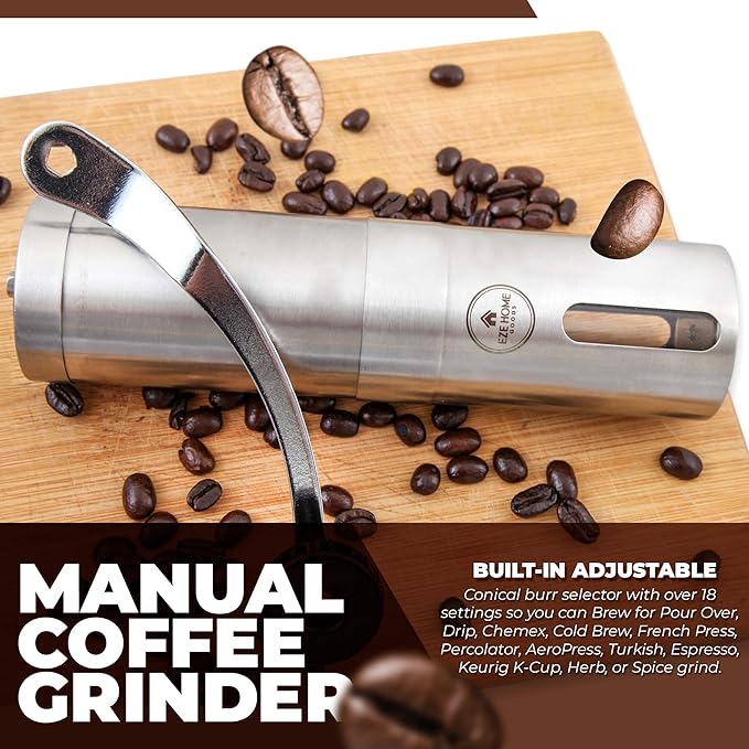 Hand Coffee Mill Grinder with Conical Ceramic Burr | Consistent Grind Every Time, Professional Grade, Stainless Steel, Lightweight and Portable, Heavy Duty Extra Long Hand Crank