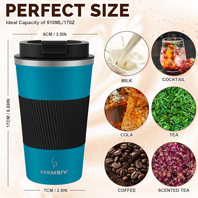 MOMSIV 17oz Travel Mug, Insulated Coffee Cup with Leakproof Lid, Vacuum Stainless Steel Double Walled Reusable Tumbler for Hot and Cold Water Coffee and Tea In Travel and Car