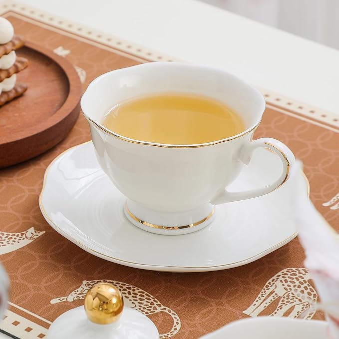 White Ceramic Tea Cup and Saucer Set of 6 (12-Piece) - 6oz Elegant Porcelain Cups with Gold Rim, 6 Cups & 6 Saucers for Tea Party