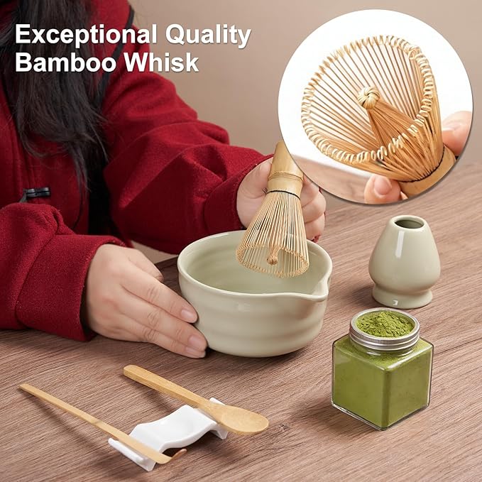 YOLIFE 7 Pcs Matcha Whisk Set, Matcha Kit for Ceremony, Includes Matcha Bowl with Spout, Bamboo Whisk (Chasen) with Ceramic Holder, Scoop, Powder Spoon and Sifter (Matcha Green)