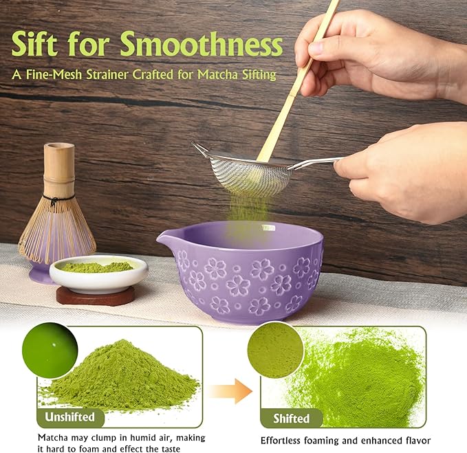 Matcha Whisk Tea Set Kit: Japanese Matcha Kit - Ceramic Bowl Bamboo Whisk Chasen Holder spoon Measuring Scoop Sifter - Traditional Practical for Tea Ceremony Breakfast Lattes - Home Kitchen Christmas