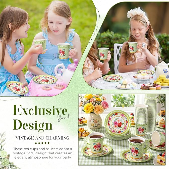 Nuogo 200 Pcs Floral Paper Tea Cups and Saucers 7 oz Disposable Tea Party Decorations Vintage Cute Paper Cups and Plates with Handles for Girls Wedding Baby Bridal Shower, Serve 100 (Green)