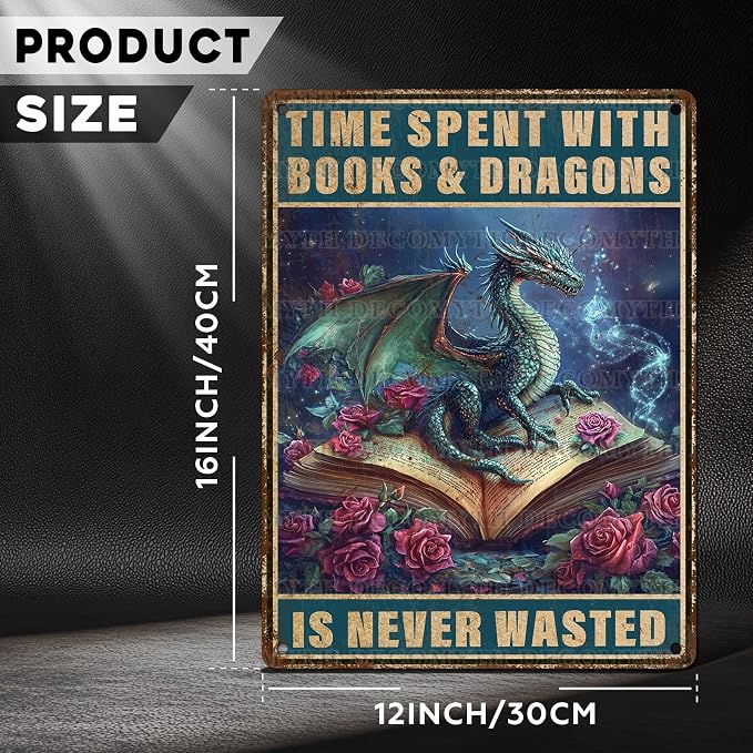 Dragons Vintage Tin Sign Time Spent With Books And Dragons Is Never Wasted Tin Sign for Garage Home Bedroom Bar Wall Decor 12 * 16inch - Image 4