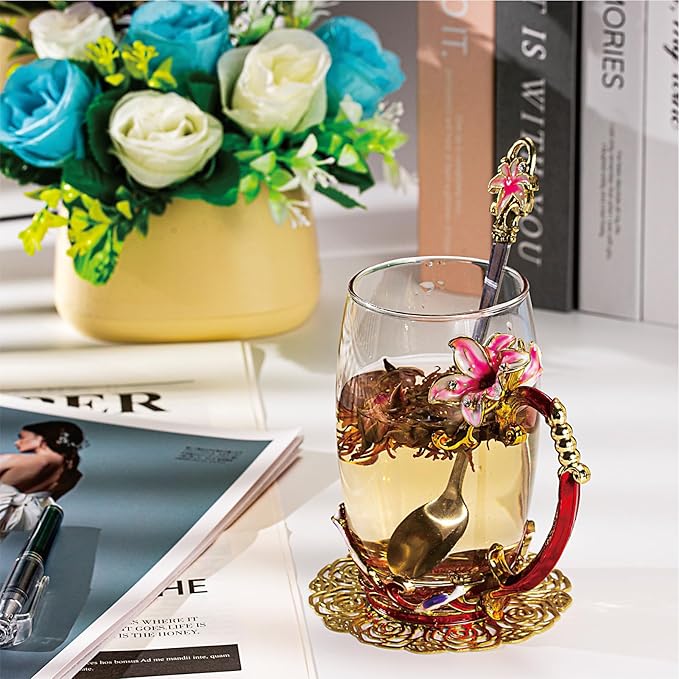 Flower Tea Cup, Lily Flower Clear Glass Fancy Coffee Mug with Spoon,Gift Box for Her Mom Wife Grandma Girls Friends Valentines Christmas Birthday Present Idea for Juice,Hot And Cold Drinks Use