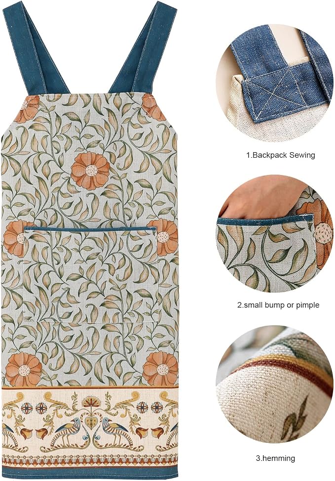 patdrea Blue Floral Linen Apron with Pocket,French Kitchen Garden Chef BBQ Aprons for Women and Men,Crisscross Back Straps - Image 4
