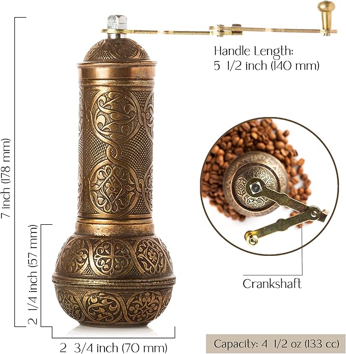 Crystalia Refillable Coffee Grinder, Authentic Manual Mill with Adjustable Grinder, Metal Coffee Mill with Handle, Antique Coffe Grinder with Hand Crank, Adjustable Coarseness
