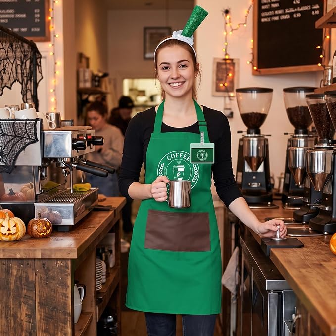 Halloween Coffee Costume Set - Barista Uniforms for Adults | Waterproof Green Aprons, Name Tag, Hairband, Café Attendant Uniform for Adults, Halloween Costume for Party, Role Play Events - Image 4
